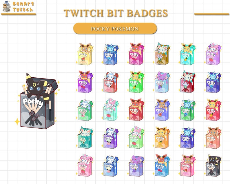 May include: A set of 36 Twitch bit badges featuring various Pokemon characters holding Pocky sticks. The badges are in a grid pattern with a variety of colors, including red, blue, green, yellow, and pink. The badges are all in the same style, with a white background and a black outline.