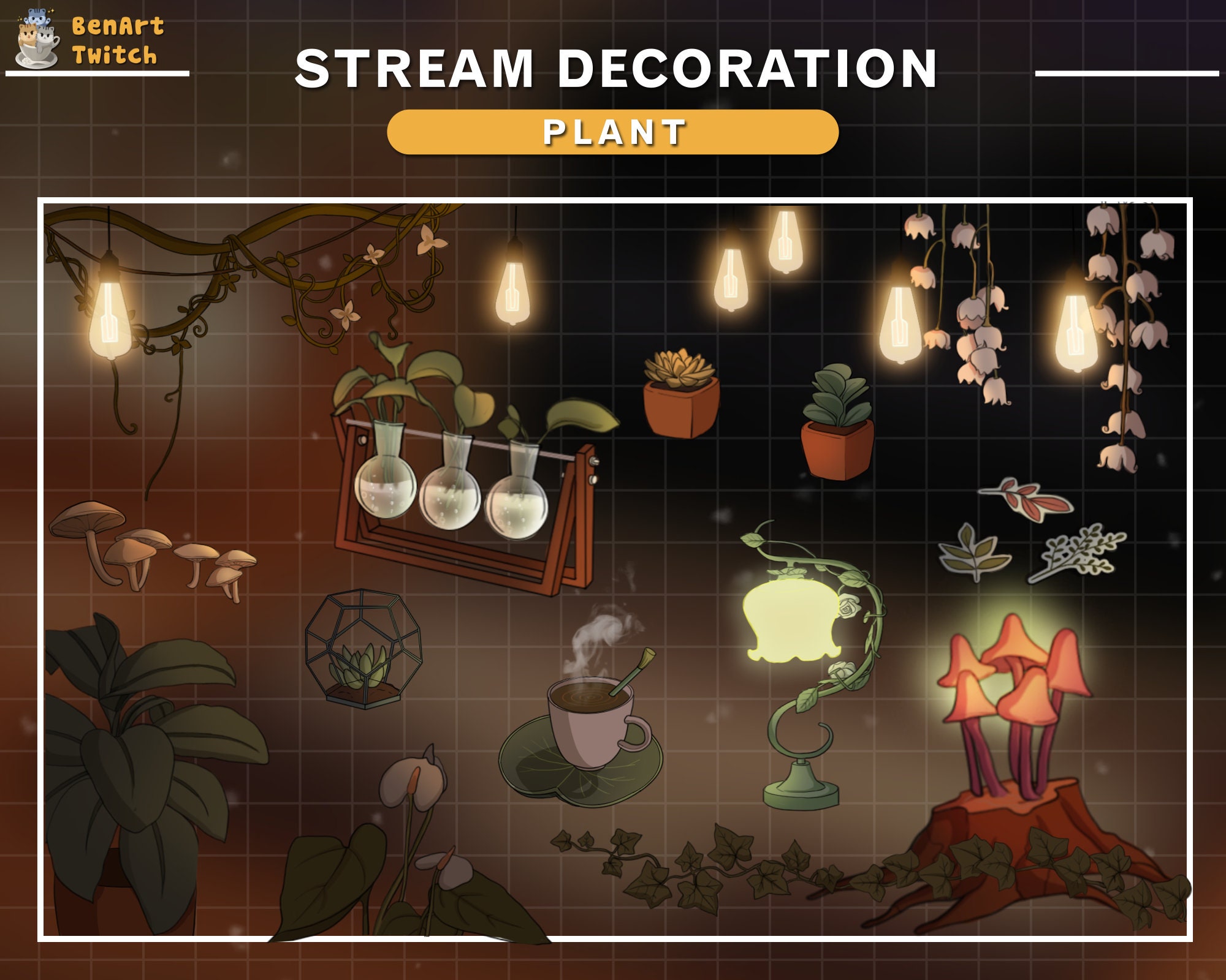 15x Animated Lo-fi Green Plant Pots Twitch Stream Decoration, Hanging Plants, Cute Leaves Cottagecore, Mushrooms, Succulent Stream Overlay