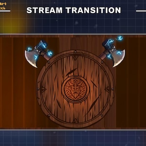 Könnte beinhalten: Ein Holzschild mit einem geschnitzten Design in der Mitte, flankiert von zwei Äxten mit blauen Blitzen. Der Text "STREAM TRANSITION" wird über dem Schild angezeigt.