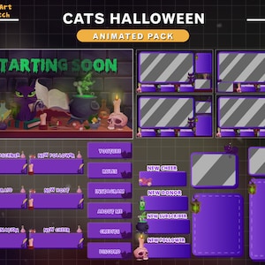 Animated Stream Overlays Halloween Cat on the Desk, Animated Twitch Overlays Halloween Lo-fi Cat for Streamers
