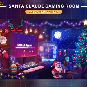 May include: A festive gaming room decorated for Christmas with a computer monitor displaying "Stream Ending", a Christmas tree, and a Santa Claus figure sitting in a chair. The room is decorated with Christmas lights and ornaments.