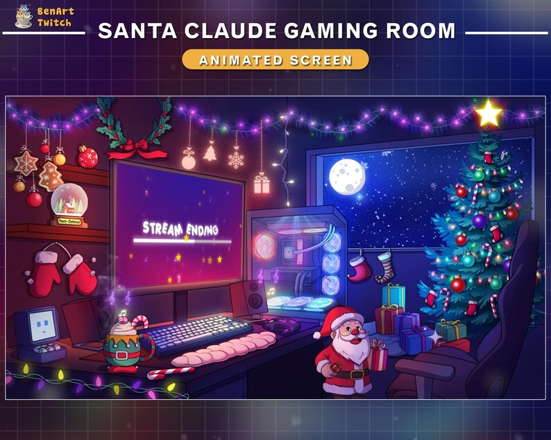 May include: A festive gaming room decorated for Christmas with a computer monitor displaying "Stream Ending", a Christmas tree, and a Santa Claus figure sitting in a chair. The room is decorated with Christmas lights and ornaments.