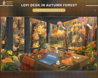 Animated Stream Screens Cozy Autumn Forest, Fall Twitch Overlay with Maple, Laptop, Leaves...