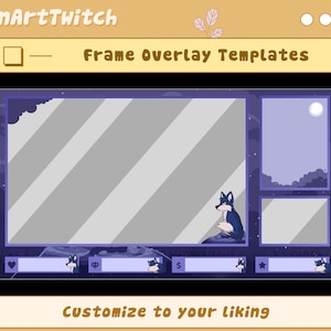 Może przedstawiać: Fioletowy i niebieski szablon nakładki na strumień Twitch z ilustracją wilka, gwiazdami i księżycem. Tekst "Frame Overlay Templates" i "Customize to your liking" jest r&oacute;wnież zawarty.