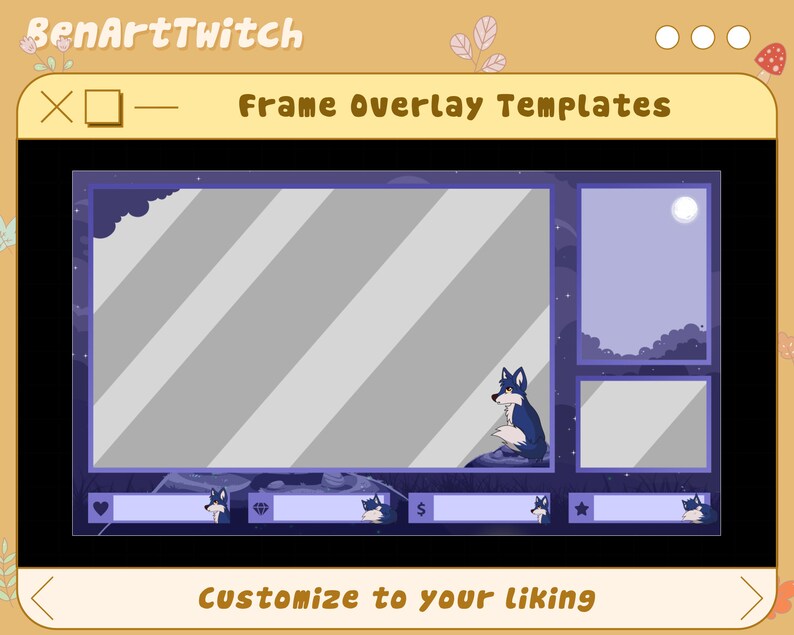 Może przedstawiać: Fioletowy i niebieski szablon nakładki na strumień Twitch z ilustracją wilka, gwiazdami i księżycem. Tekst "Frame Overlay Templates" i "Customize to your liking" jest r&oacute;wnież zawarty.