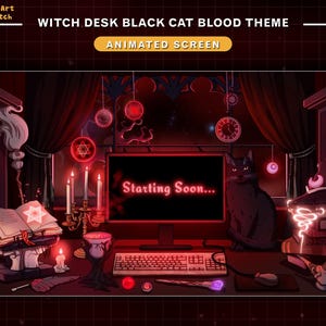 Animated Twitch Screens Witch Desk Black Cat Blood Theme, Mystic Twitch Overlay with Magic Books, Potion Cauldron, Moon Starry Night
