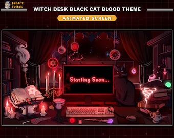 Animated Twitch Screens Witch Desk Black Cat Blood Theme, Mystic Twitch Overlay with Magic Books, Potion Cauldron, Moon Starry Night