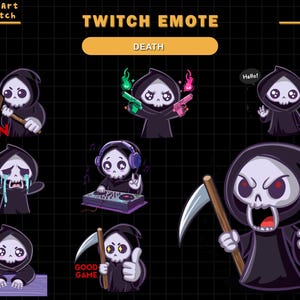 May include: A set of 10 Twitch emotes featuring a cartoon Grim Reaper in various poses and expressions. The emotes include the Grim Reaper holding a hammer, crying, playing a DJ set, holding a scythe, and saying "Hello!" and "Good Game".