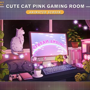 May include: A pink and purple gaming room with a computer monitor displaying the text "Stream Ending..."  A cat sits on a windowsill, and a black cat sleeps on the desk.  There are fairy lights and plants throughout the room.