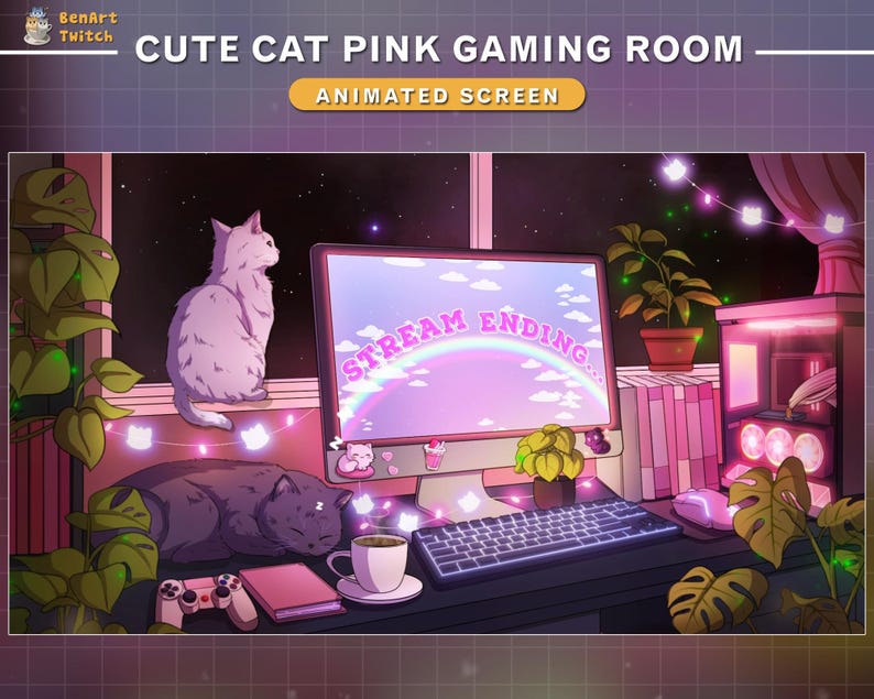 May include: A pink and purple gaming room with a computer monitor displaying the text "Stream Ending..."  A cat sits on a windowsill, and a black cat sleeps on the desk.  There are fairy lights and plants throughout the room.