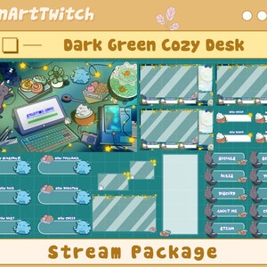 Animated Dark Green Cozy Desk Twitch Stream Full Package, Black Cat Twitch,Blueberry, Retro Gamer, Setup Room Scene, Kawaii,Cozy Room