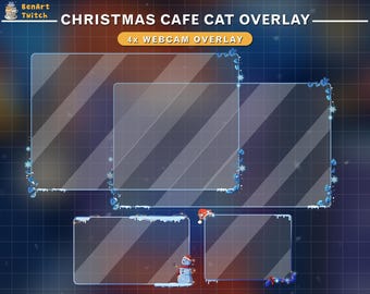 Könnte beinhalten: Ein digitales Webcam-Overlay-Set zum Thema Weihnachten. Das Design zeigt vier transparente rechteckige Rahmen mit diagonalen Streifen, verziert mit Schneeflocken- und Eisdetails. Der Text "CHRISTMAS CAFE CAT OVERLAY" und "4x WEBCAM OVERLAY" ist sichtbar.
