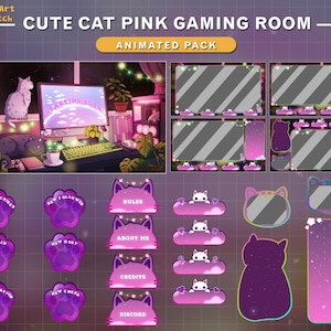 Pacote de transmissão animada Mesa Lofi rosa Gato fofo, sobreposição de Twitch de gato, sobreposição de Twitch estética, telas de sala aconchegantes...