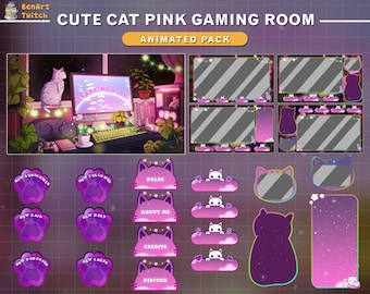 Animated Stream Package Pink Lofi Desk Cute Cat, Cat Twitch Overlay, Aesthetic Twitch Overlay, Cozy Room Screens...