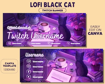 Twitch Banner Lofi Black Cat, Twitch Overlay, Cozy Room Stream Overlay