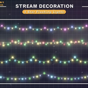 Könnte beinhalten: Vier Lichterketten mit funkelnden Sternen, jede in einer anderen Farbe, mit dem Text "STREAM DECORATION 4 Star Flashing Lights" oben.