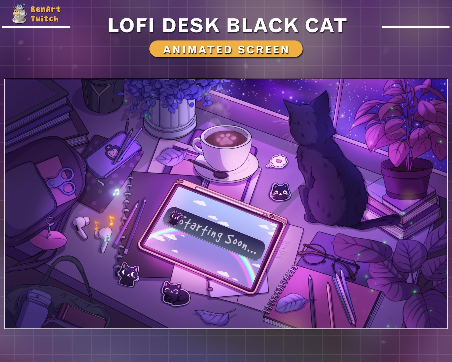 Animated Twitch Screens Lofi Desk Black Cat, Black Cat Twitch Overlay ...