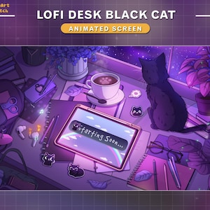 アニメーション化された Twitch スクリーン、Lofi Desk Black Cat、Black Cat Twitch オーバーレイ、美しい Twitch オーバーレイ、居心地の良い部屋のスクリーン...