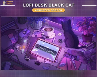 May include: A digital illustration of a black cat sitting on a desk with a computer screen that says "starting soon..." in a rainbow font. The desk is covered in various items, including a cup of coffee, a notebook, and a pencil. The background is a dark purple and blue night sky with stars.