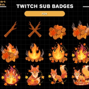 Puede incluir: Un conjunto de insignias de suscripción de Twitch con temática de zorro. Las insignias incluyen imágenes de madera, fogatas y zorros con hojas de otoño. El texto "TWITCH SUB BADGES" y "FOX" se muestra en la parte superior.