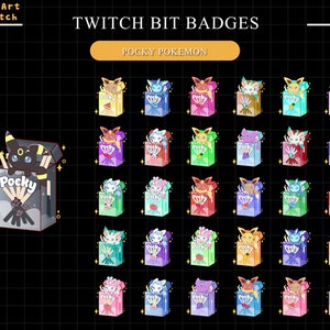 May include: A set of 36 Twitch Bit Badges featuring various Pokemon characters in a Pocky box design. The badges are in a grid pattern with different colors and designs. The text "TWITCH BIT BADGES" and "POCKY POKEMON" are at the top of the image.