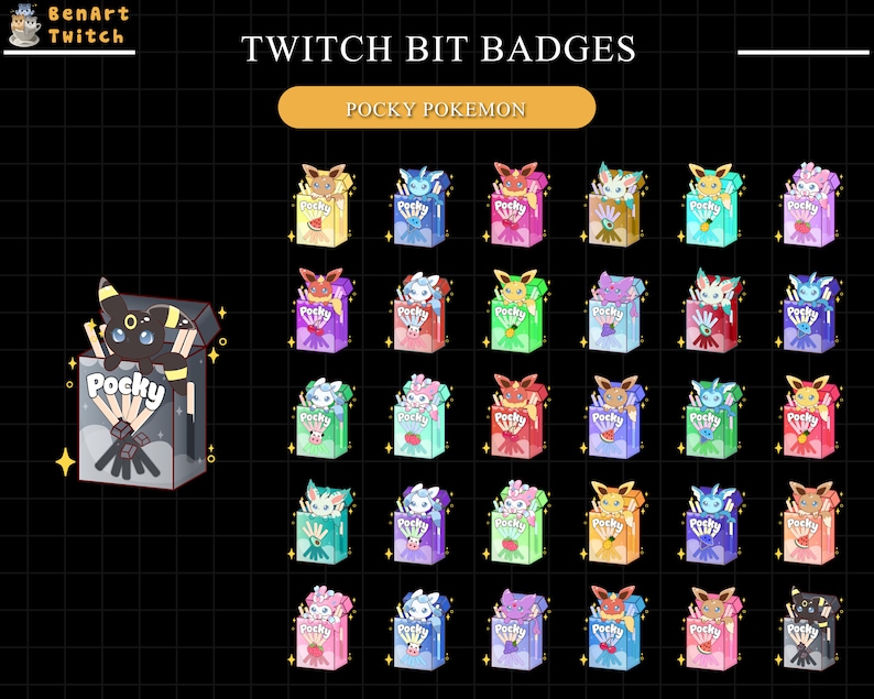 May include: A set of 36 Twitch Bit Badges featuring various Pokemon characters in a Pocky box design. The badges are in a grid pattern with different colors and designs. The text "TWITCH BIT BADGES" and "POCKY POKEMON" are at the top of the image.