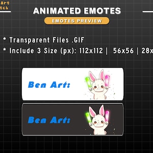 May include: Animated GIF emote preview featuring a white bunny holding two glowing sticks, one green and one pink. The bunny is on a black and white checkered background. The text "Ben Art:" is displayed in blue on a white background.
