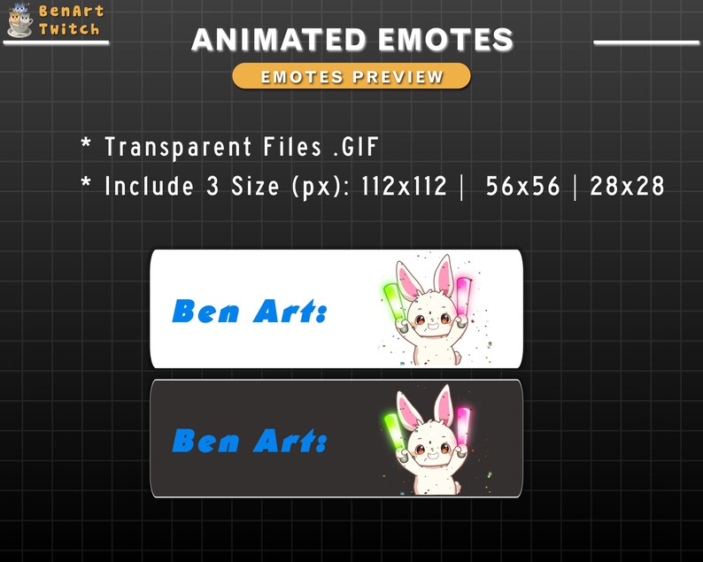 May include: Animated GIF emote preview featuring a white bunny holding two glowing sticks, one green and one pink. The bunny is on a black and white checkered background. The text "Ben Art:" is displayed in blue on a white background.