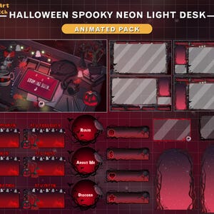 May include: Animated Twitch stream overlay pack with a Halloween theme. The overlay features a spooky neon light desk with a red and black color scheme. The overlay includes panels for new subscribers, new followers, rules, about me, new donations, new cheers, and a Discord link.