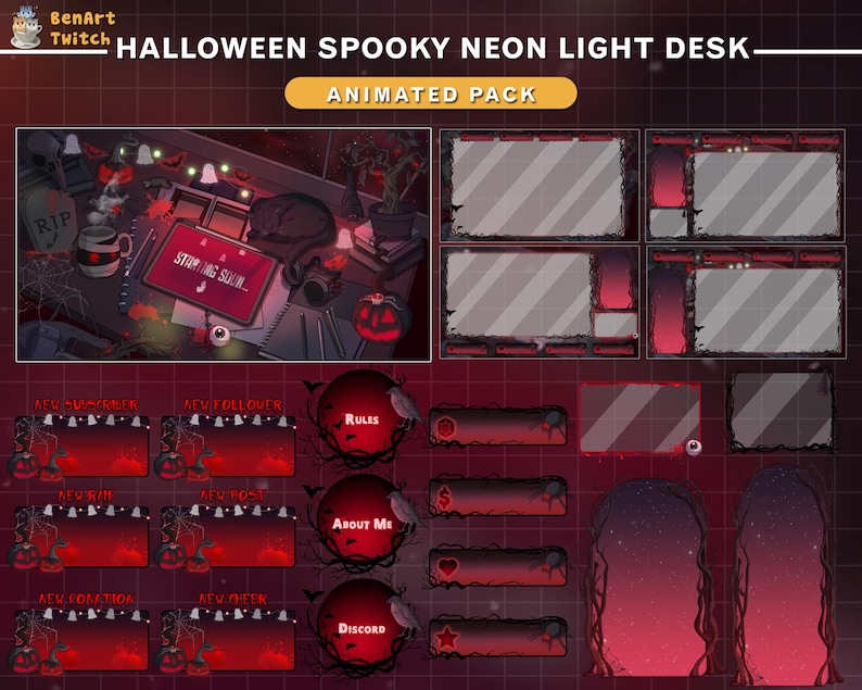 May include: Animated Twitch stream overlay pack with a Halloween theme. The overlay features a spooky neon light desk with a red and black color scheme. The overlay includes panels for new subscribers, new followers, rules, about me, new donations, new cheers, and a Discord link.