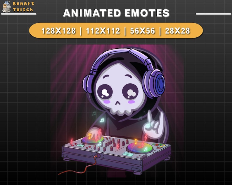 Puede incluir: Emoticono animado de un esqueleto de dibujos animados con auriculares y una t&uacute;nica negra con capucha, tocando un mezclador de DJ con botones brillantes. El texto "ANIMATED EMOTES" est&aacute; en la parte superior de la imagen, y el texto "128X128 | 112X112 | 56X56 | 28X28" est&aacute; debajo.