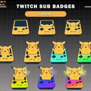 May include: A set of nine Twitch sub badges featuring Pikachu in a Game Boy Color-style design. The badges are in various colours, including yellow, green, blue, purple, and pink. The text "TWITCH SUB BADGES" and "PIKACHU" is displayed at the top of the image.