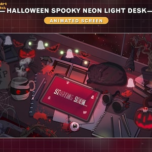 May include: A Halloween-themed desk with a spooky neon light, a tablet displaying "Starting Soon", a black cat, a skull pumpkin, a RIP tombstone, and a mug with a bandage design.