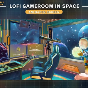 Animated Stream Screens Cyberpunk Room, Animated Twitch Overlay Spaceship Room, Galaxy, Planet, Vtuber Background, Green - Orange Theme