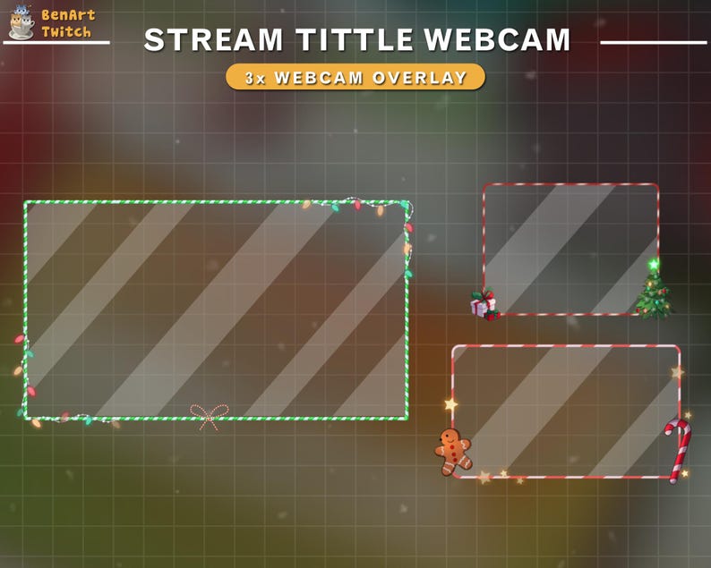 May include: Three Christmas-themed webcam overlays with a red and white striped border. The top overlay has green and red lights, the middle overlay has a gift box, and the bottom overlay has a gingerbread man and a candy cane.
