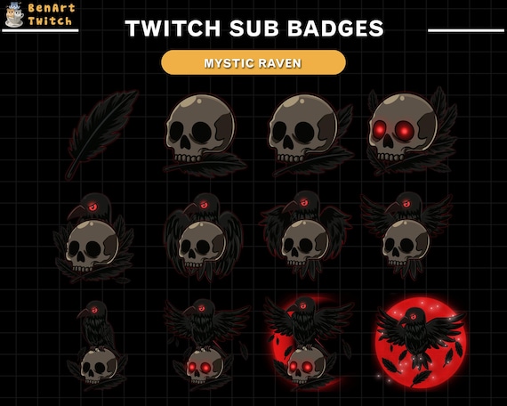 Raven Skull Twitch Sub Badges, Horror Twitch Badges with Crow, Skull, Red Moon, Gothic Badges Set for Streamer