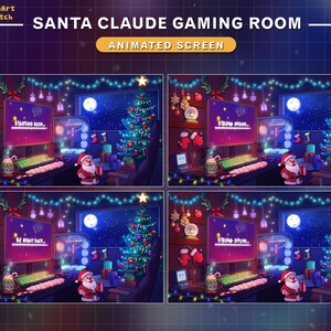 May include: A digital illustration of a Santa Claus themed gaming room with a computer screen displaying the text "STARTING SOON", "STREAM NOW", "BE RIGHT BACK", and "STREAM OFF", surrounded by Christmas decorations.