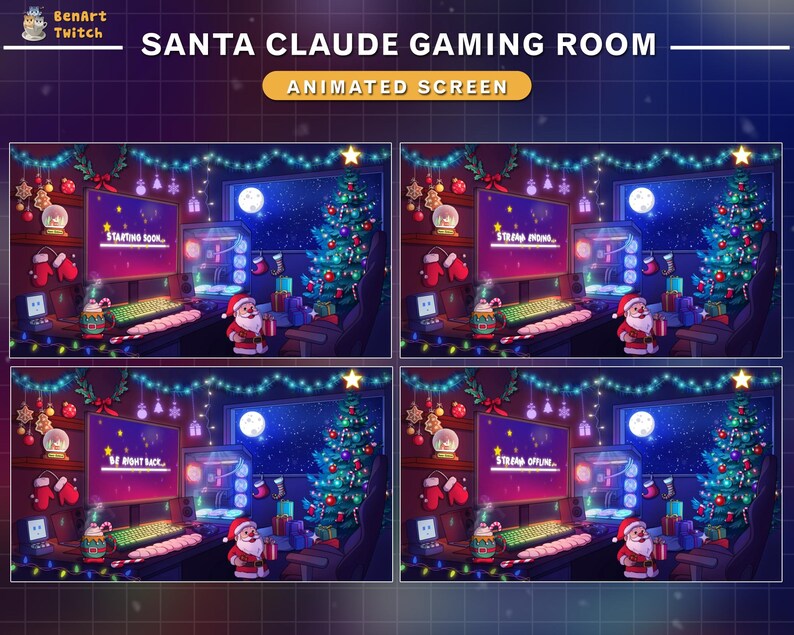 May include: A digital illustration of a Santa Claus themed gaming room with a computer screen displaying the text "STARTING SOON", "STREAM NOW", "BE RIGHT BACK", and "STREAM OFF", surrounded by Christmas decorations.