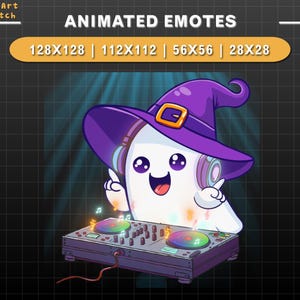 May include: Animated emote of a white ghost wearing a purple witch hat and headphones, playing a DJ mixer with glowing lights. The text "ANIMATED EMOTES" is at the top of the image, and the text "128X128 | 112X112 | 56X56 | 28X28" is below it.