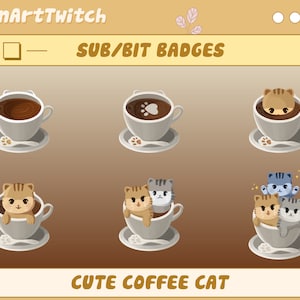 Cute Coffee Cat Twitch Sub Badges, Cat Twitch Bit Badges, Silver Cup Ready To Use for Twitch, Discord