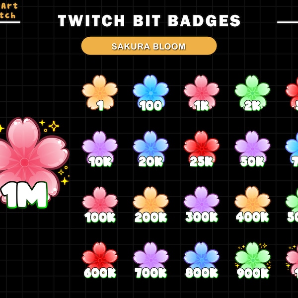 20x Colorful Cherry Blossom Petals Twitch Bit Badges, Sakura Twitch Sub Badges for Streamers, Number Twitch Bit Badges, YouTubers & Discord