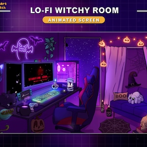 Animated Twitch Screens Purple Game Room, Animated Halloween Twitch Overlays for Streamer, Vtuber, OBS, Aesthetic Twitch, Skull, Ghost Cat