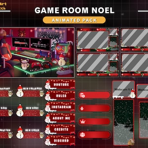 Animiertes Twitch Overlay Spielzimmer Weihnachten, Lo-Fi-Room Xmas Stream Paket mit PC, Weihnachtsbaum, Kerze, Schneemann ...