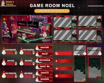 Animated Twitch Overlay Game Room Christmas, Lo-fi Room Xmas Stream Package with PC, Christmas Tree, Candle, Snow man...