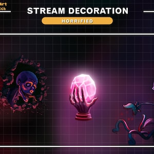 3x Animated Horror Stream Decoration, Halloween Twitch Decoration with Monster, Devil Hand, Carnivorous Plant...