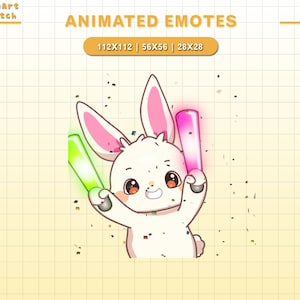 May include: Animated emote of a white bunny with pink ears holding two glowing light sticks, one green and one pink. The bunny is smiling and has confetti around it. The text "ANIMATED EMOTES" is at the top of the image, and the text "112X112 | 56X56 | 28X28" is below it.