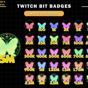 Juego completo de insignias de Twitch de polilla Luna verde, insignias de Twitch de mariposa, insignias de números, insignias de subtítulos Kawaii