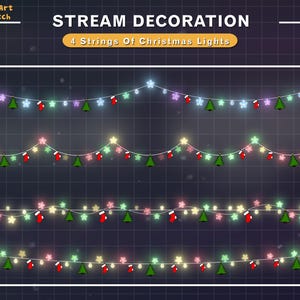 Könnte beinhalten: Vier Lichterketten mit weißen Weihnachtslichtern, roten Fäustlingen, grünen Weihnachtsbäumen und weißen Sternen, die daran hängen. Der Text "STREAM DECORATION" und "4 Strings Of Christmas Lights" befindet sich über den Lichtern.