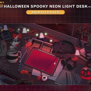 May include: A Halloween-themed animated desktop scene with a red tablet, a black cat, a steaming mug, a tombstone with the word "RIP" on it, a pumpkin, a ghost, and a string of lights.