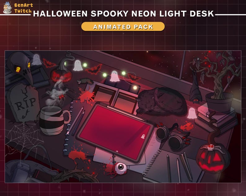 May include: A Halloween-themed animated desktop scene with a red tablet, a black cat, a steaming mug, a tombstone with the word "RIP" on it, a pumpkin, a ghost, and a string of lights.